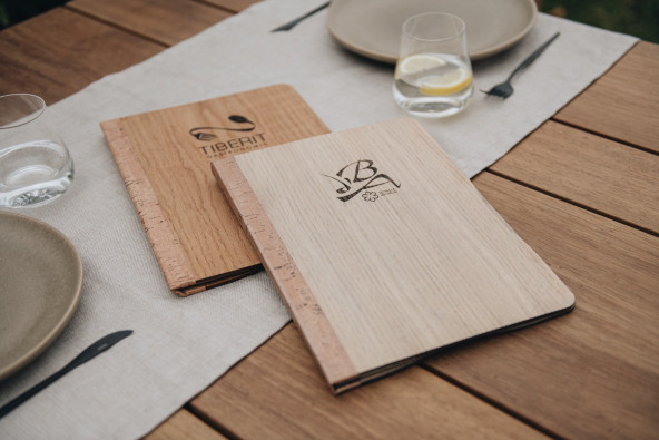 ELAN - A4 and A5 Letter Wooden menu boards Elegant and understated wooden letter bound with screws or elastic band with slots...