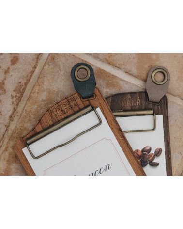 ERGO - Waiter's Notepad Holder Wooden menu holders Wooden waiter’s order holder with a metal clip and textile detail for hang...
