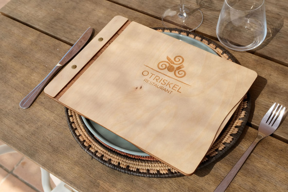 CLASSIC - A4 horizontal letter Wooden menu boards The classic letter evolved with textile upholstery on the inner sides, boun...