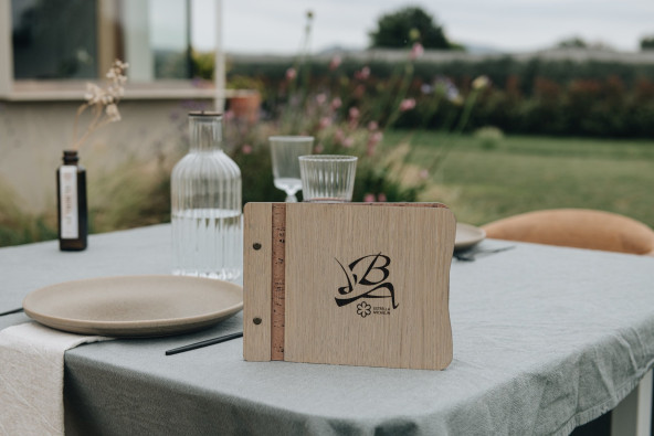 CLASSIC - A4 horizontal letter Wooden menu boards The classic letter evolved with textile upholstery on the inner sides, boun...